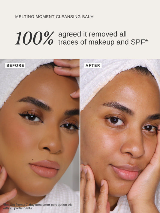 The Alpha-H Melting Moment Cleansing Balm is a buttery soft cleansing balm for all skin types designed to thoroughly remove stubborn makeup, SPF, dirt and pollution, while nourishing and softening the skin.
Enriched with Australian wild orange leaf, Grapeseed oil, Australian Sandalwood Seed Oil and Bisabolol (Chamomile) this delicious balm-to-oil cleanser expertly removes stubborn makeup, SPF and dirt while maintaining the skins delicate pH and skin barrier.