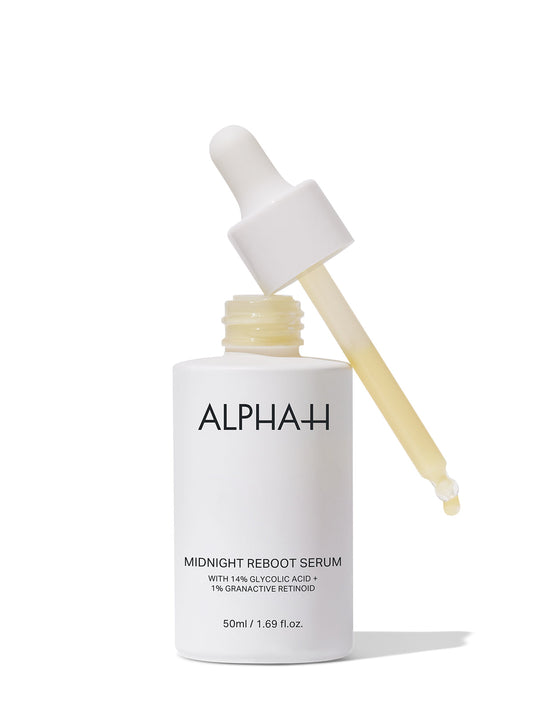 Revitalize your skin with Alpha-H Liquid Gold Midnight Reboot Serum! This powerful serum, enriched with
14% Glycolic Acid and 1% Granactive Retinoid in a patent-pending formula, is proven to improve uneven tone and skin firmness, while reducing the look of fine lines and wrinkles.