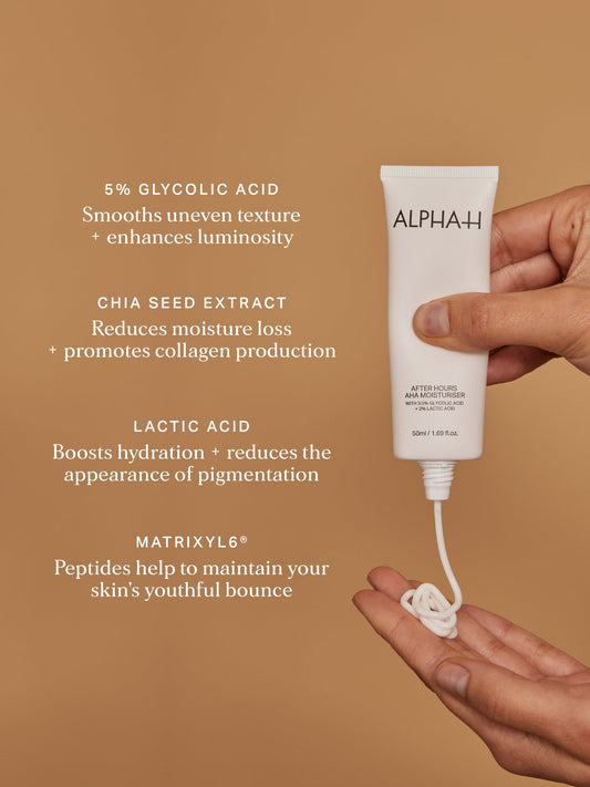Alpha-H After Hours AHA Moisturiser 50ml – exfoliating night cream with glycolic and lactic acids to smooth texture, refine pores, and boost radiance