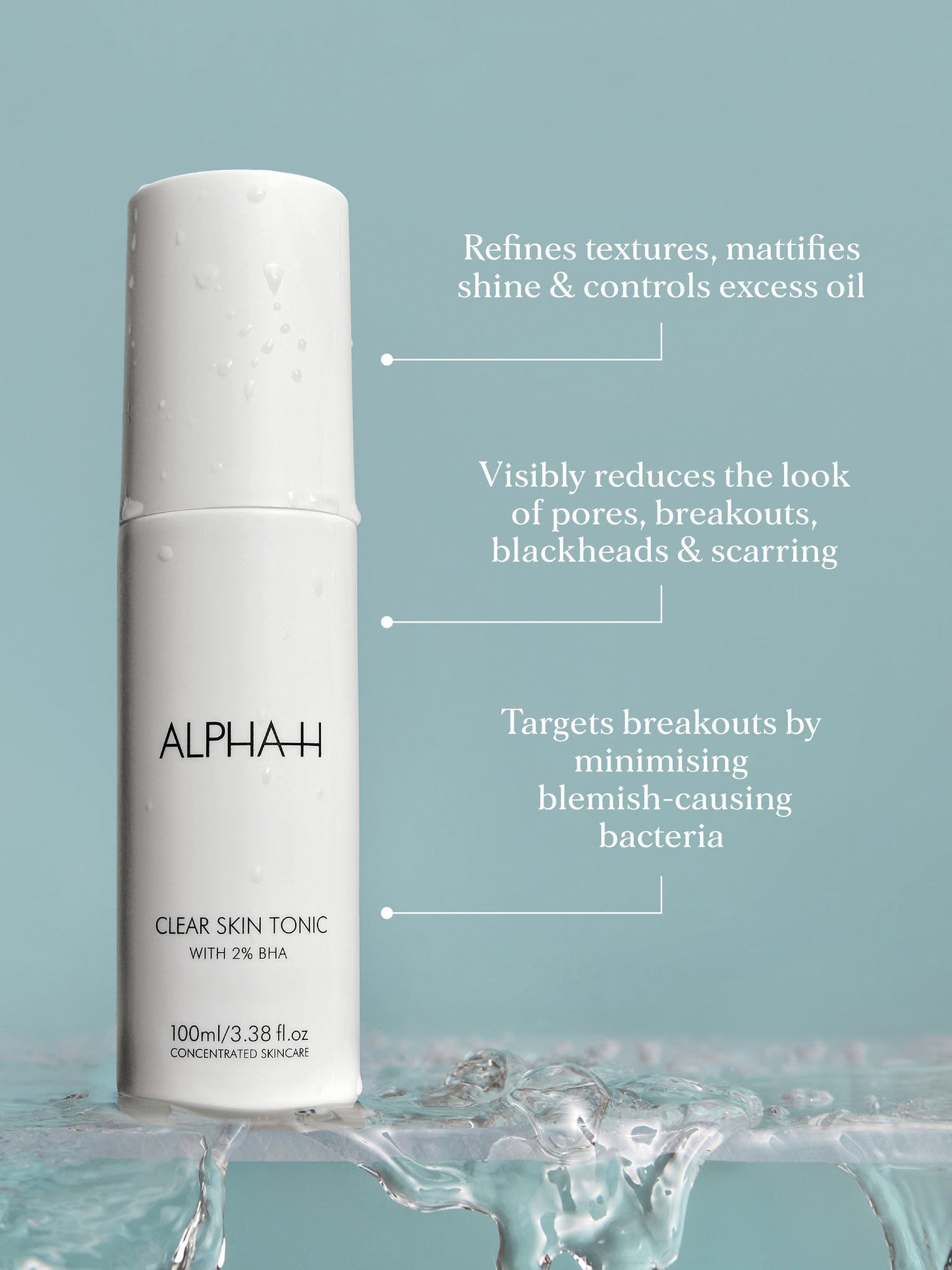 The Alpha-H Clear Skin Tonic is a BHA exfoliating treatment for normal to oily skin designed to decongest pores, control excess oil and minimise bacteria that leads to breakouts.
Powered by 2% salicylic acid, Seboclear MP, Arnica flower, Thyme, Tea Tree and Eucalyptus this magic tonic gently exfoliates and increases skin renewal, with a pH of 3.6 - 4.0 to help decongest and clear pores of debris and excess oil.
