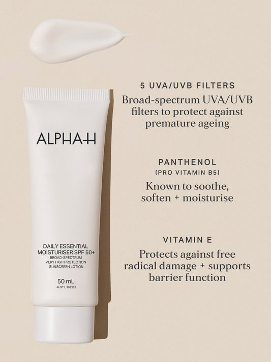 The Alpha-H Daily Essential Moisturiser SPF 50+ is the hydrating broad spectrum sunscreen you've been waiting for! It supports your skin barrier, is LOADED with antioxidants AND gives you a dewy, hydrated look all while protecting you against harmful UVA/UVB rays that accelerate ageing and can cause cancer. What more could you want from a sunscreen? This sunscreen should be part of every daily skin routine and in every handbag for reapplication in the country!