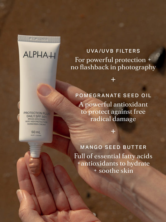 Blending antioxidant goodness with highly effective sun protection, the Alpha-H Protection Plus Daily SPF 50+ broad-spectrum cream has got you covered. Octocryclene absorbs UVB and short UVA rays while Pomegranate Seed oil assists with skin regeneration and protects against free-radical damage.
Alpha H Protection Plus SPF50+ is naturally tinted due to the inclusion of antioxidant NZ pine bark extract. This nude-like tint offers a blurring effect, suitable for all skin tones.