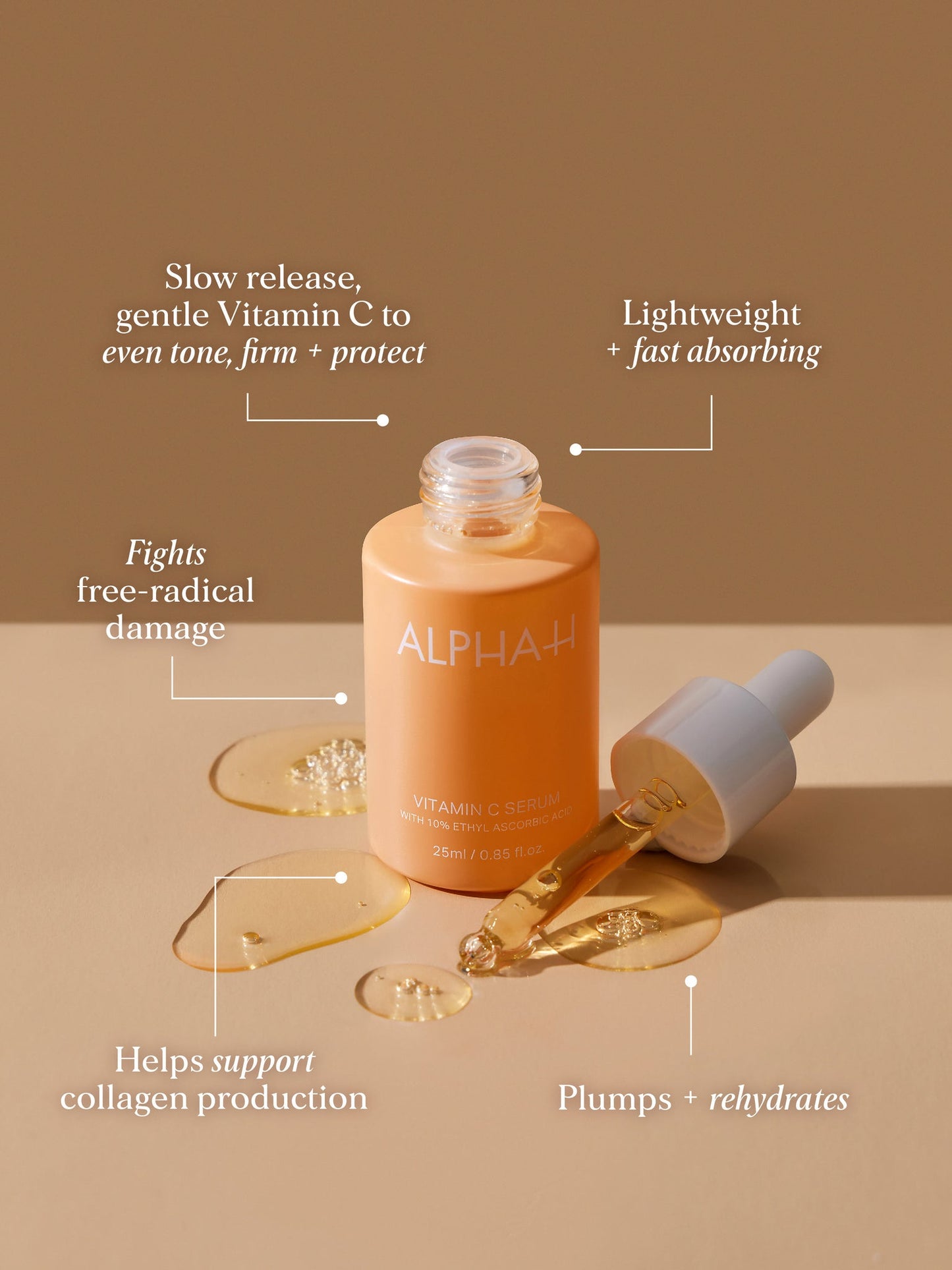The Alpha-H Vitamin C Serum with 10% Ethyl Ascorbic Acid is a hydrating daily serum packed with gentle, but powerful new generation Vitamin C to boost brightness, even tone and give your complexion a healthy glow.
Enriched with 10% Ethyl ascorbic acid, Hyaluronic acid, Grape seed extract and Liquorice root extract, this serum is the brightening natural glow your skin needs. Say hello to a beautiful even skin tone that sings HEALTH in no time.