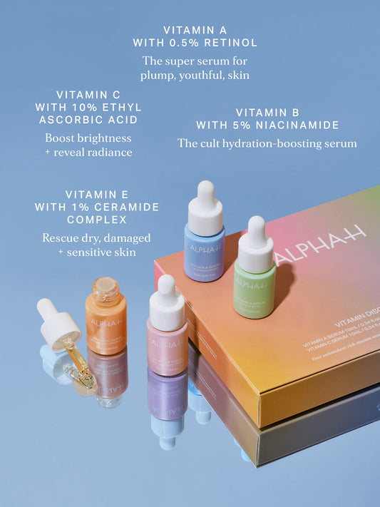 Experience our best-selling Vitamin Serums with this Alpha-H Vitamin Discovery Kit, a 4-piece mini serum guide curated by experts to help you achieve the best results for your skin. Trial Alpha-H's range of serums, formulated to firm, hydrate, brighten and restore your skin.