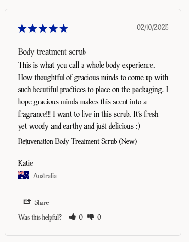 Unlock a full-body ritual of renewal with Gracious Minds Rejuvenation Body Scrub.
Infused with Australian Sandalwood, this somatic ritual gently polishes skin, awakens senses, and aligns energy.
The scrub contains Australian Native Sandalwood, sustainably sourced from Western Australia, combined with Himalayan salt crystals and Australian Ivory Clay to gently remove dead skin cells, polish the skin barrier and reveal smoother, softer, and rejuvenated skin while during out impurities for holistic health.