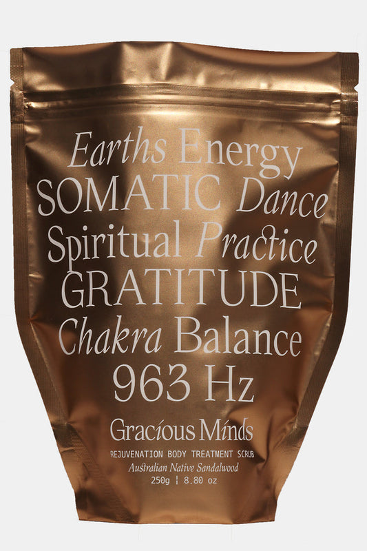 Unlock a full-body ritual of renewal with Gracious Minds Rejuvenation Body Scrub.
Infused with Australian Sandalwood, this somatic ritual gently polishes skin, awakens senses, and aligns energy.
The scrub contains Australian Native Sandalwood, sustainably sourced from Western Australia, combined with Himalayan salt crystals and Australian Ivory Clay to gently remove dead skin cells, polish the skin barrier and reveal smoother, softer, and rejuvenated skin while during out impurities for a holistic health