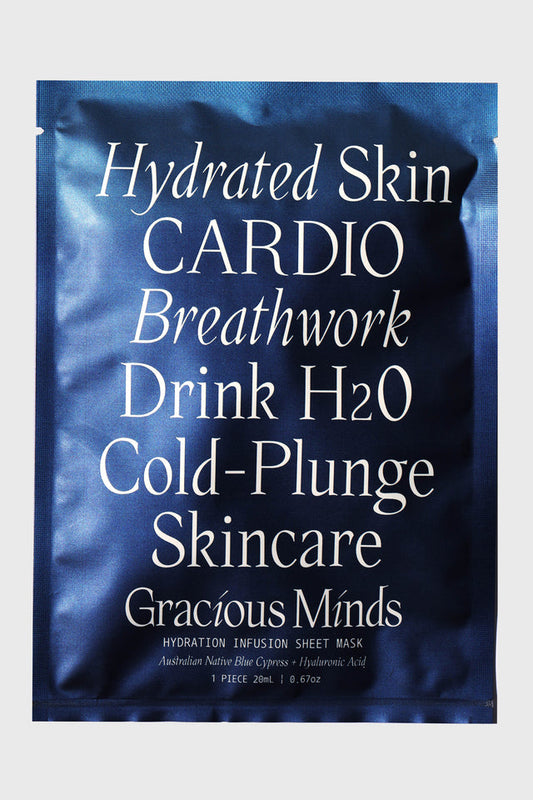 The Gracious Minds Hydration Infusion Mask is infused with a rich Australian Native Blue cypress and hyaluronic acid serum that penetrates deeply tohydrate and replenish your skin while increasing your skin's natural elasticity.