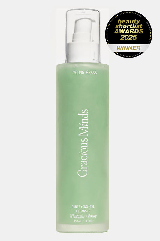 The Gracious Minds Young Grass Purifying Gel Cleanser is an award winning (Beauty Shortlist Awards 2025 winner) purifying cream gel cleanser enriched with nutrients, green botanicals and purifying herbs.
It offers a deep, nourishing clean while being gentle enough to nourish and rejuvenate even the most sensitive of skin.
Wheatgrass rich in Vitamins A, C and E assist in maintaining a healthy skin barrier whilst Australian native botanicals protect the skin from the external elements and free radicals.