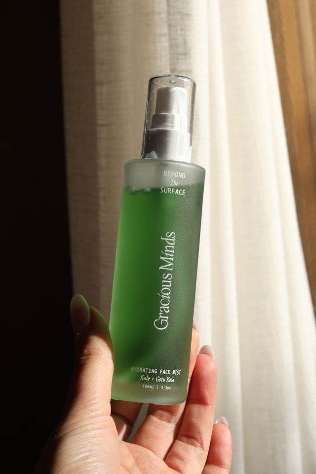 The Gracious Minds Beyond the Surface Hydrating Face Mist/Toner is a hybrid serum mist designed to instantly hydrate and soothe the skin’s barrier on the face and neck, while enhancing the underlying skin elasticity.

Infused with potent green superfoods like Wheatgrass, Japanese Knotweed (Resveratrol), and Gotu Kola, it nourishes the skin, while Pea Peptides work to boost hydration and provide skin protection.