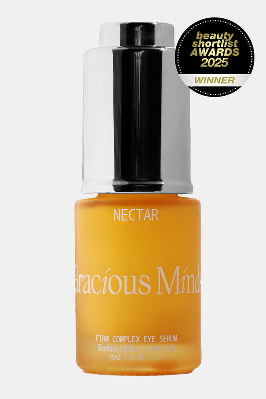 The Gracious Minds Nectar Complex Firming Eye Serum is an award winning (Beauty Shortlist Awards 2025 winner) skin-firming and volumizing serum to help tighten the delicate under eye area whilst boosting collagen. Packed with heavy hitters including Hyalronic Acid, Carrot Seed Oil, Rosehip Oil and more, this eye cream has everything you need to nourish and support the eye area against ageing and environmental factors.

Formulated with Plant stem cells and Australian Native Banksia Flower Nectar which aid in