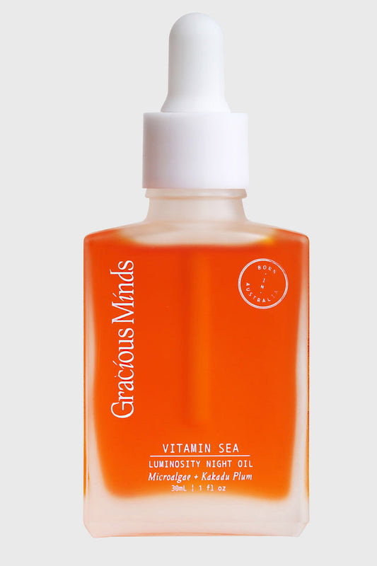 The Gracious Minds Vitamin Sea Luminosity Night Oil&nbsp;is a&nbsp;nutrient rich blend of nature’s most advanced antioxidant extracts to repair and deeply nourish your sensitive skin. This silky, red-orange brightening oil targets fine lines, elasticity, tone and dullness while you sleep. Vitamin C, Omegas 3,6 and 9, and powerful antioxidants encourage collagen synthesis whilst repairing, smoothing and brightening the skin overnight.